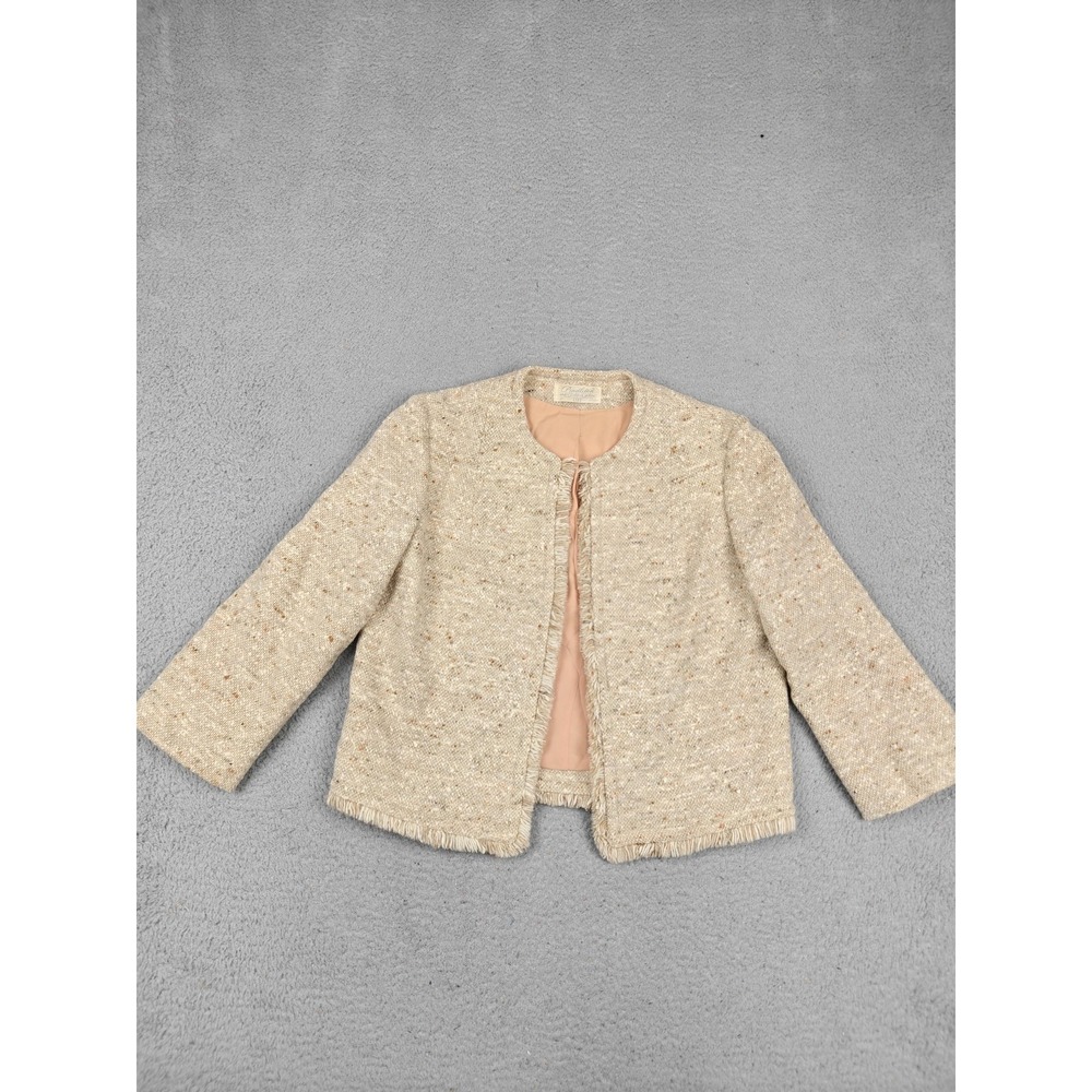Vintage Pendleton Blazer Womens 12 Beige 100% Wool Tweed Fringe Collarless
